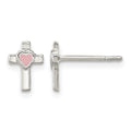 Sterling Silver Rhodium-plated Cross Pink Enamel Heart Post Earrings