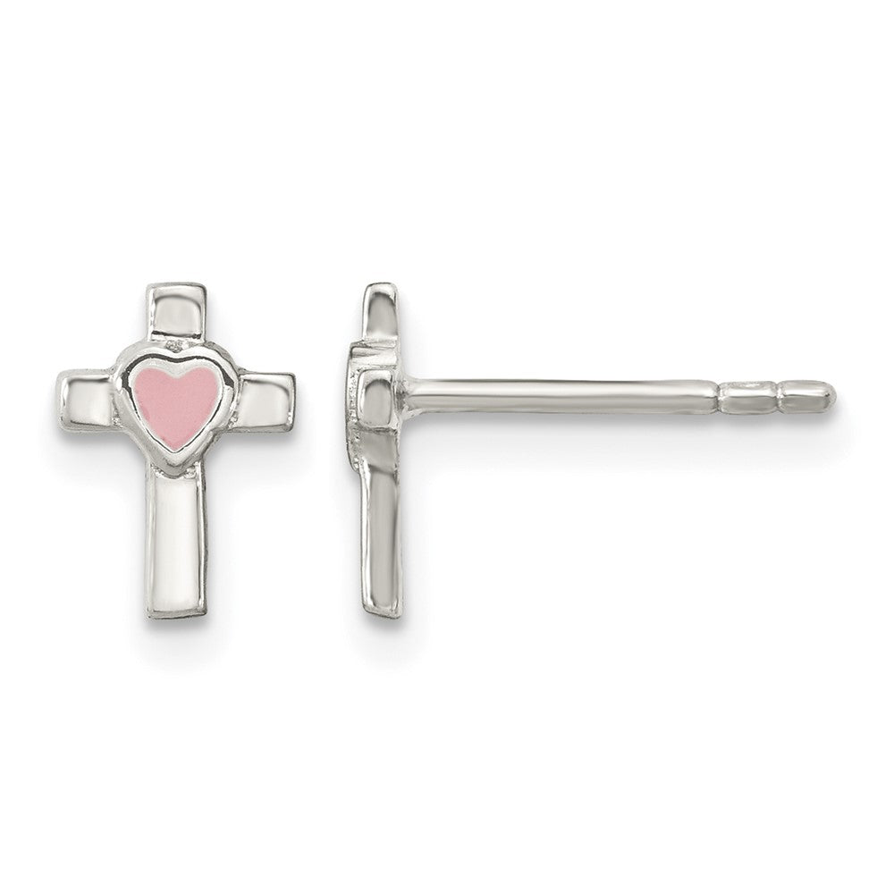 Sterling Silver Rhodium-plated Cross Pink Enamel Heart Post Earrings
