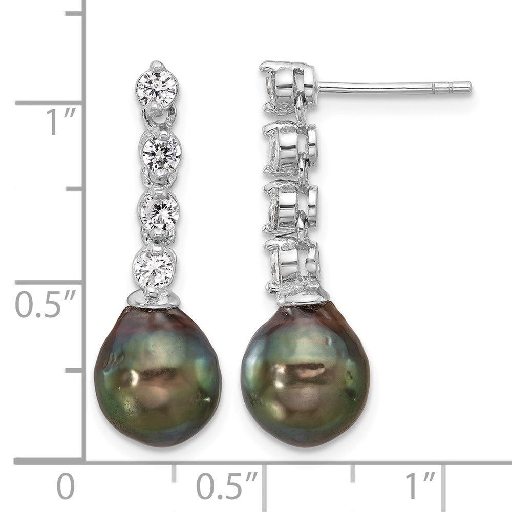Sterling Silver RH-plated 9-10mm Tahitian Pearl/CZ Post Dangle Earrings