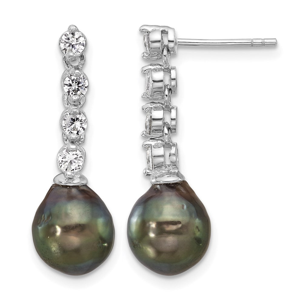 Sterling Silver RH-plated 9-10mm Tahitian Pearl/CZ Post Dangle Earrings