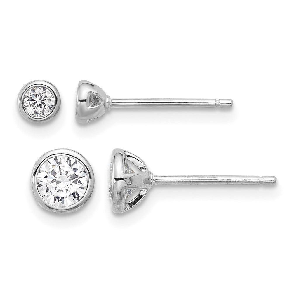 Sterling Silver RH-plated 3mm and 5mm CZ Bezel Post Earrings Set