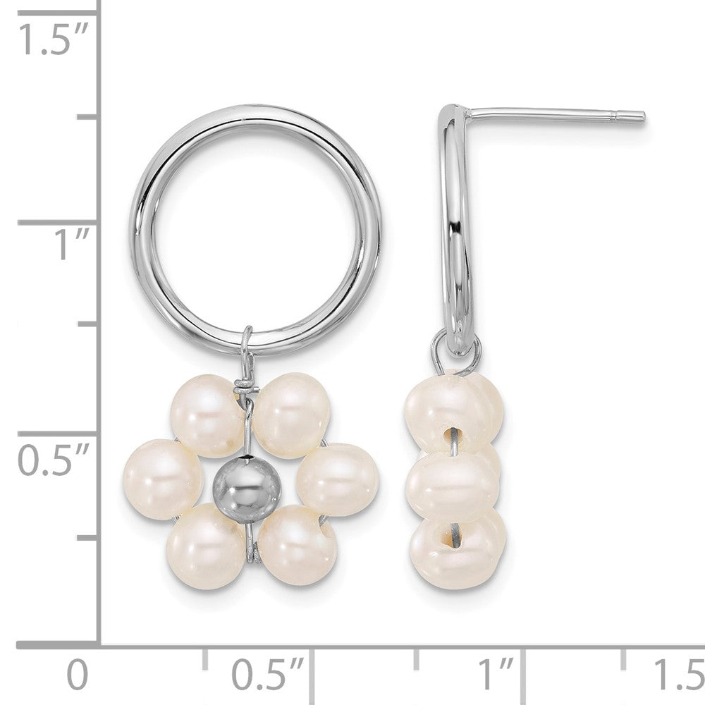 Sterling Silver RH-plated 4-5mm White FWC Pearl Flower Dangle Earrings