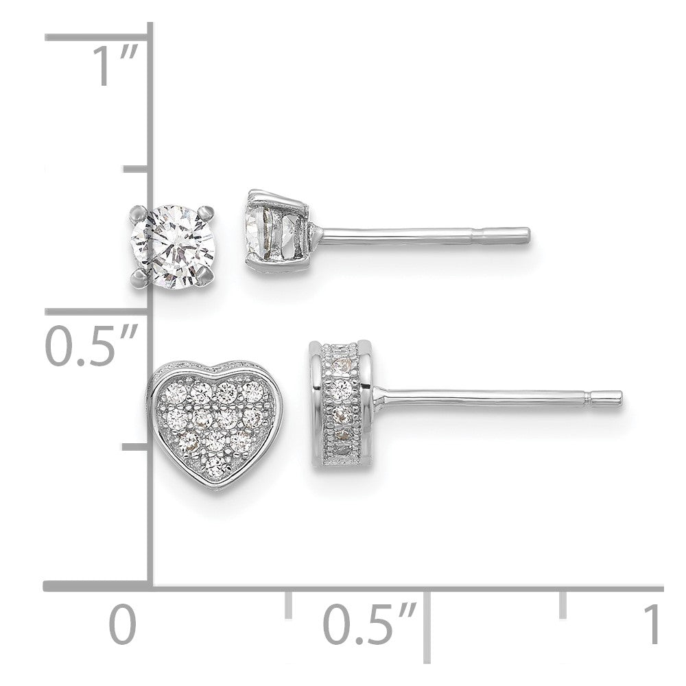 Sterling Silver RH-plated Pavé CZ Heart/4mm CZ Stud Post Earrings Set