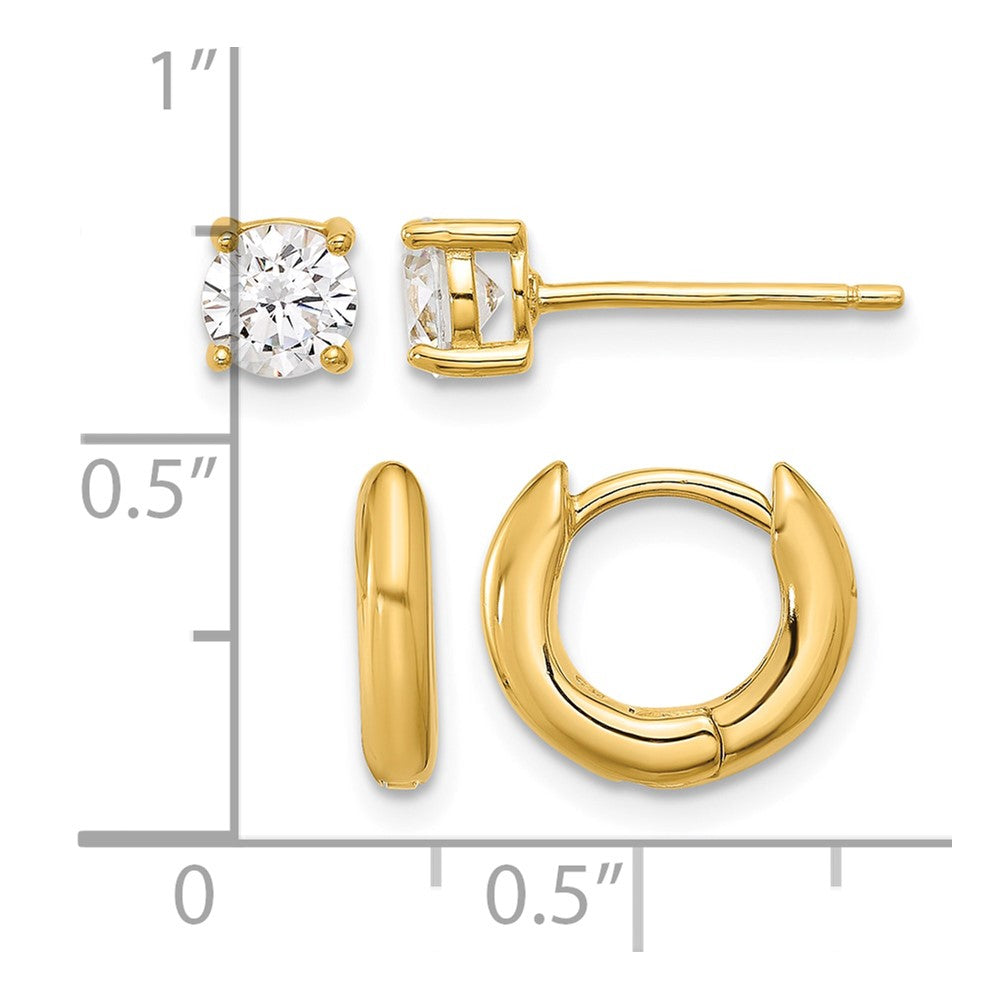 Sterling Silver Gold-tone 2.5mm Huggie Hoops/5mm CZ Stud Earrings Set