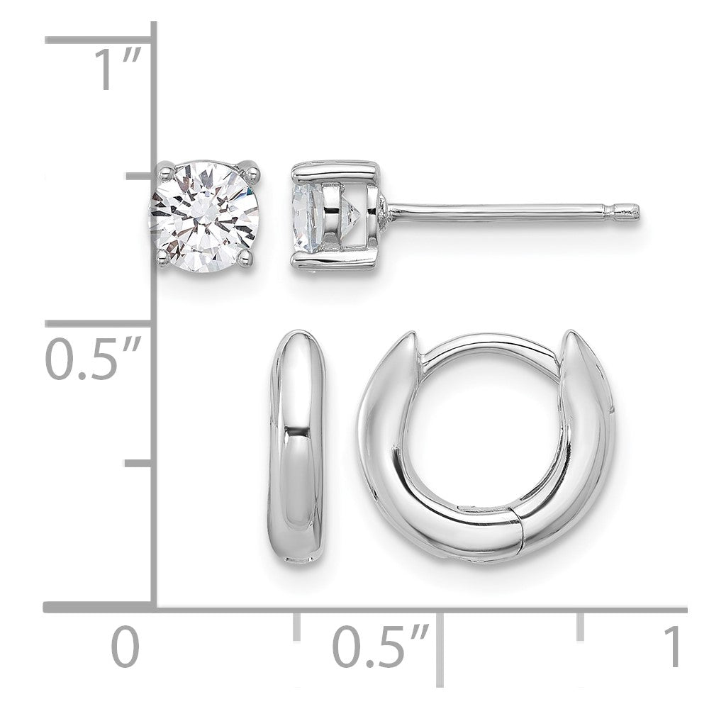 Sterling Silver RH-plated 2.5mm Huggie Hoops/5mm CZ Stud Earrings Set