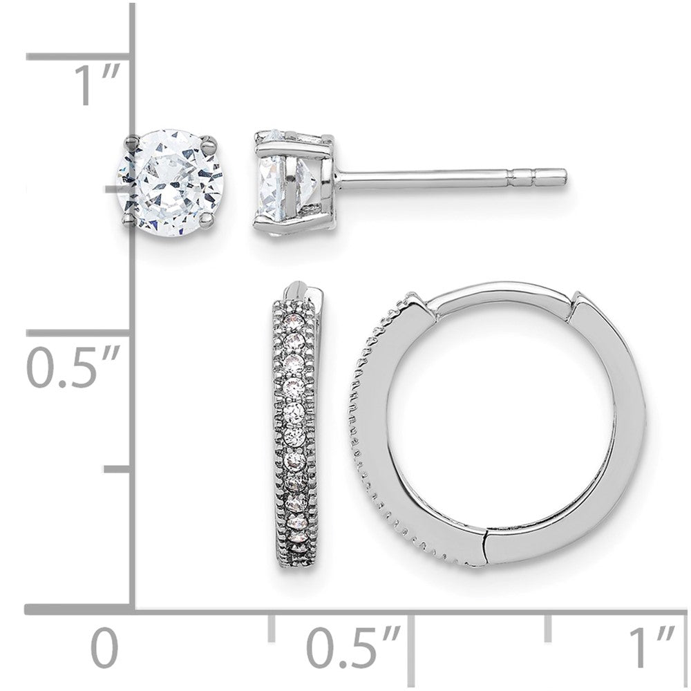 Sterling Silver Rh-plated CZ 2mm Hoop and 5mm Stud Post Earring Set