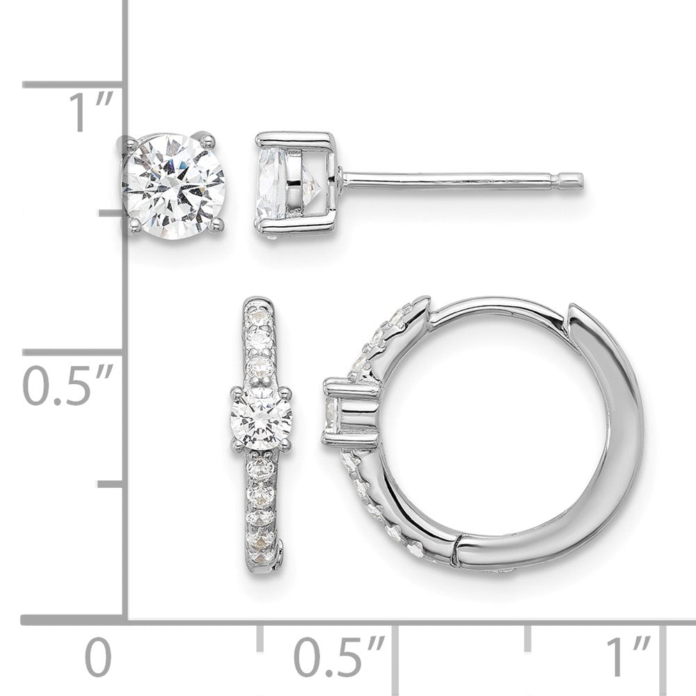 Sterling Silver RH-plated 5mm CZ Studs and Hinged Hoop Earring Set