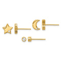 Sterling Silver Gold-tone CZ Moon/Star and Round Set of 3 Post Earring Set