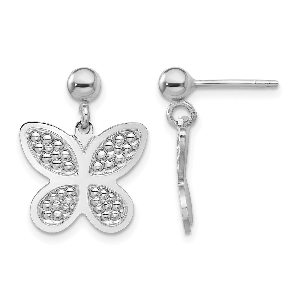 Sterling Silver Rhodium Plated Polished Beaded Butterfly Earrings