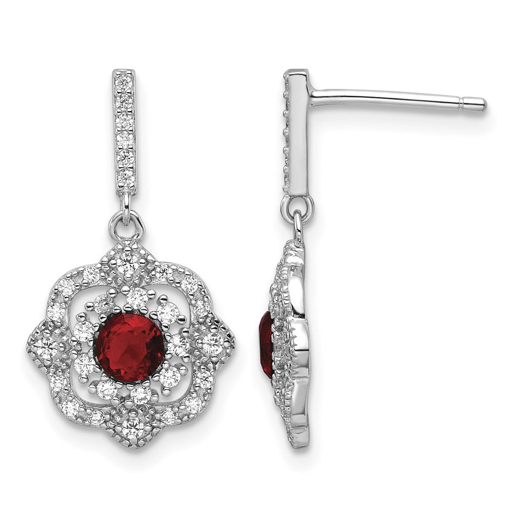 Sterling Silver RH-pltd Red Glass and Clear CZ Vintage Dangle Post Earring