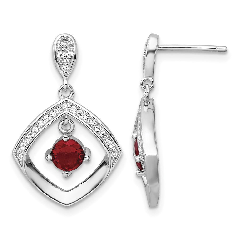 Sterling Silver RH-plated Red Glass and Clear CZ Fancy Square Post Earrings