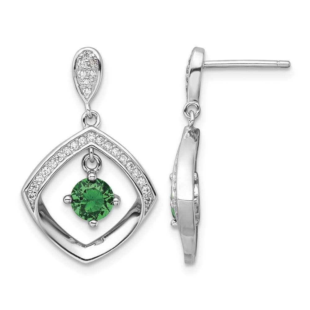 Sterling Silver RH-pltd Green Glass and Clear CZ Fancy Square Post Earrings