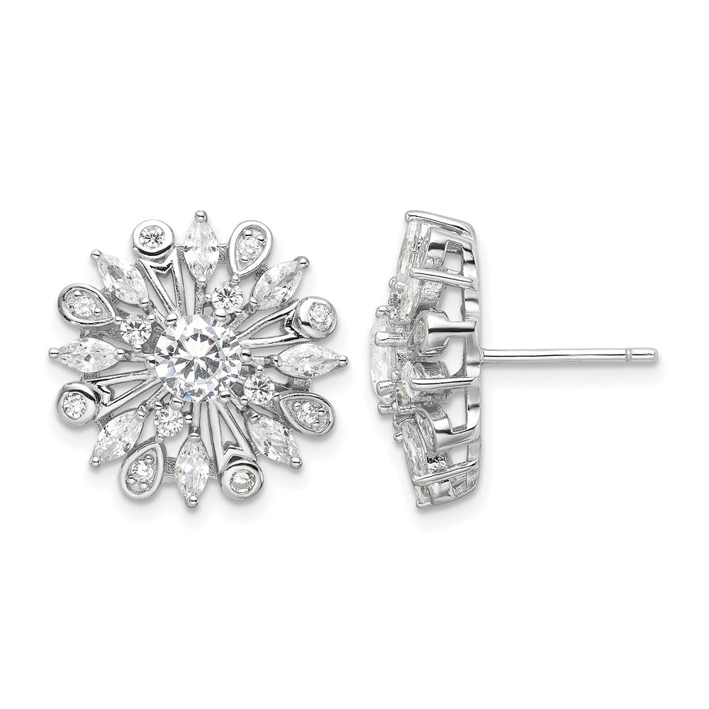 Sterling Silver Rhodium-plated CZ Floral Post Earrings