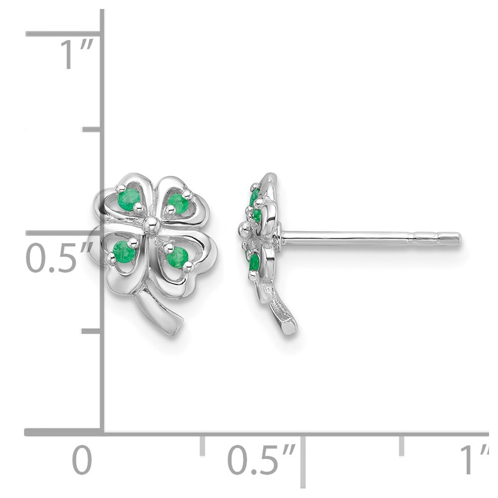 Sterling Silver RH-plated Emerald Four Leaf Clover Post Earrings