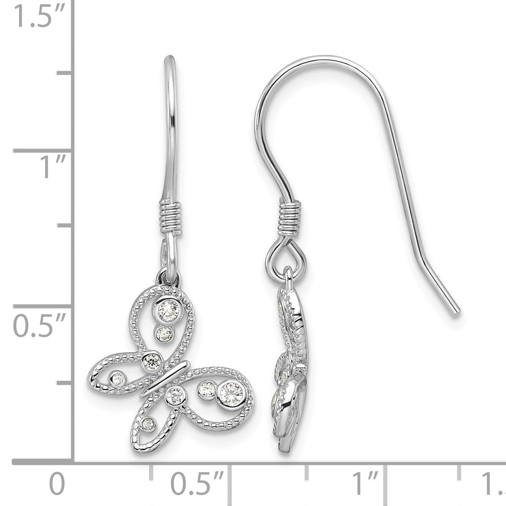 Sterling Silver Rhodium-plated CZ Butterfly Shepherd Hook Earrings
