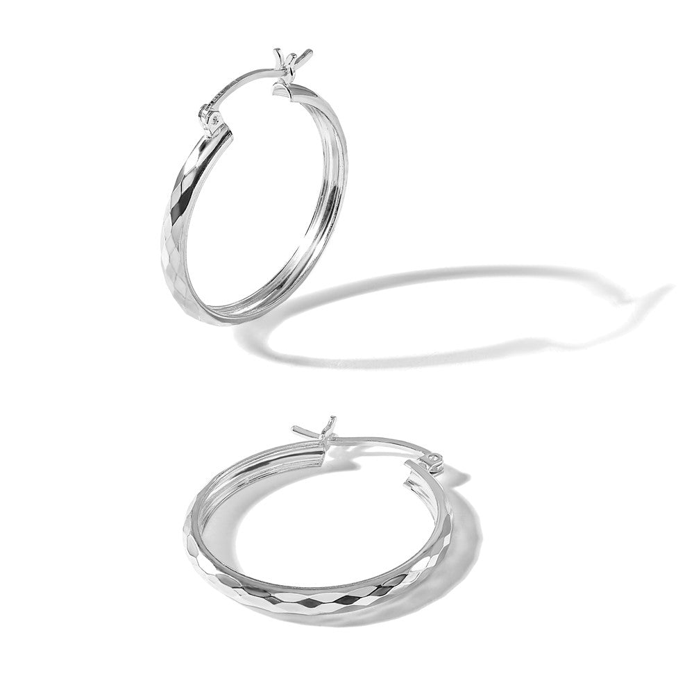 Sterling Silver Polished Textured Hoop Earrings