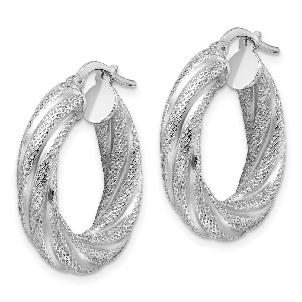 Sterling Silver Rhod-plated 5mm Textured Twisted Hoop Earrings
