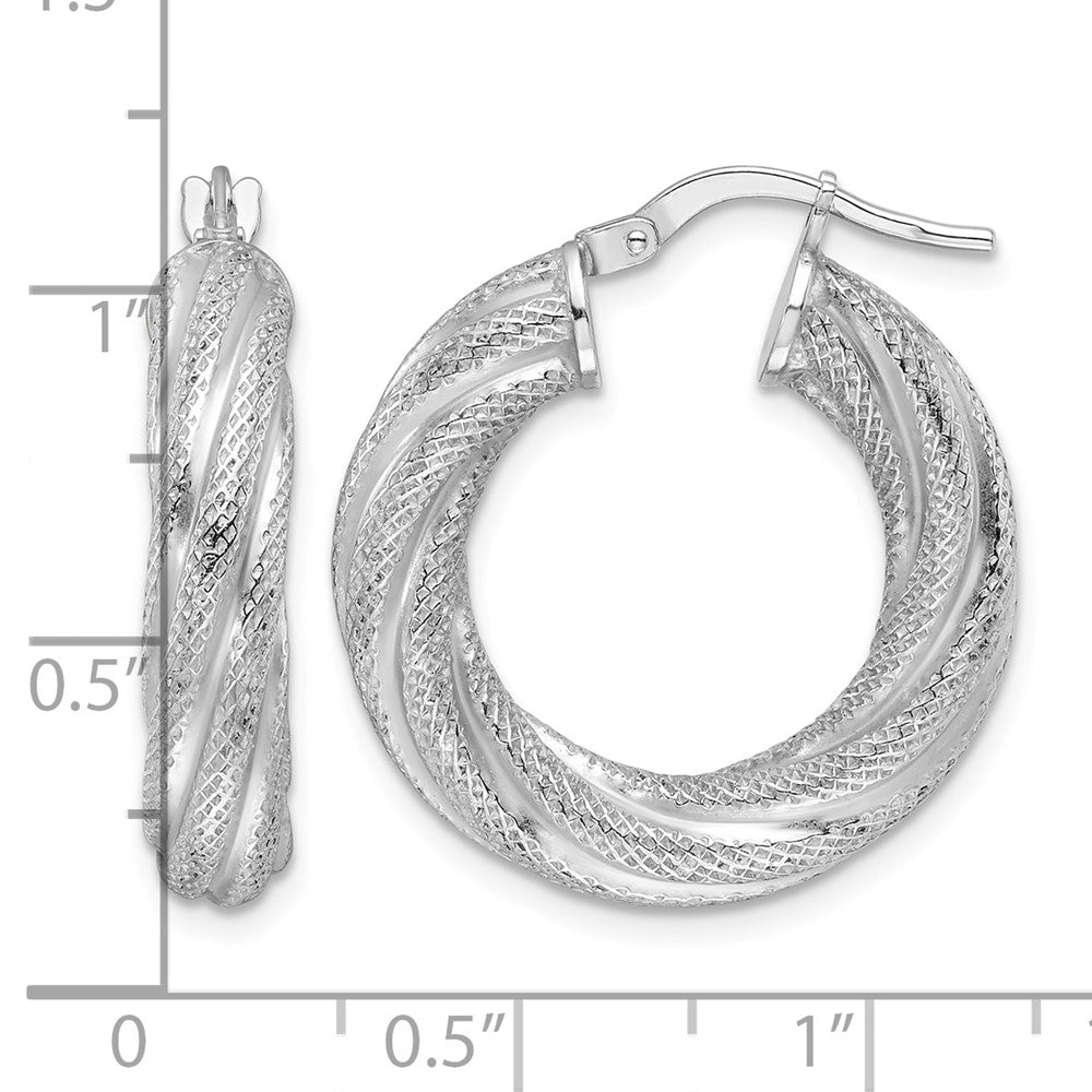 Sterling Silver Rhod-plated 5mm Textured Twisted Hoop Earrings