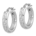 Sterling Silver Rhod-plated Polished and Textured Round Hoop Earrings