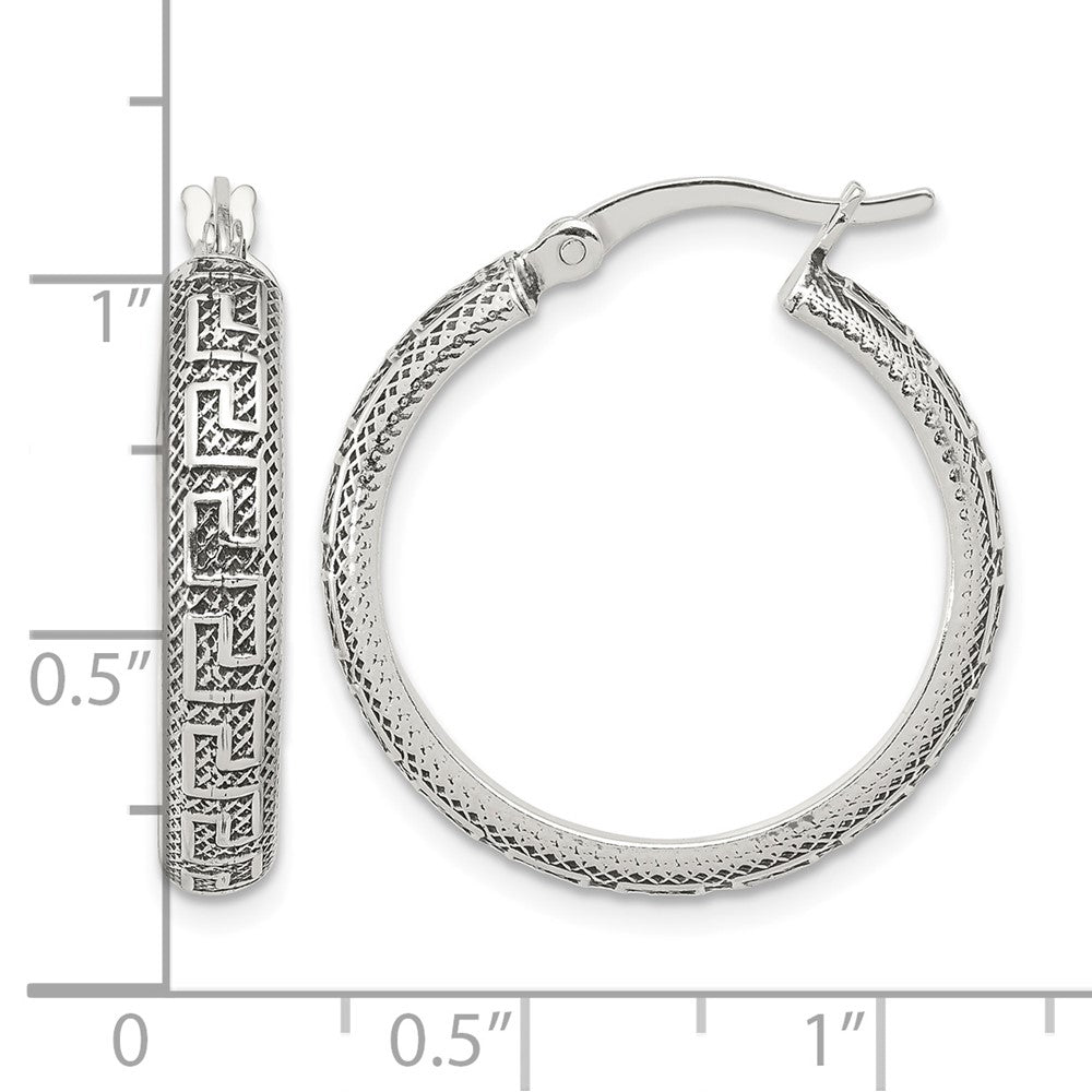 Sterling Silver Antiqued/Textured Greek Key LG Round Hoop Earrings