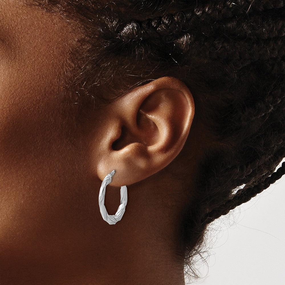 Sterling Silver RH-plated Polished and Textured Twisted Hoop Earrings