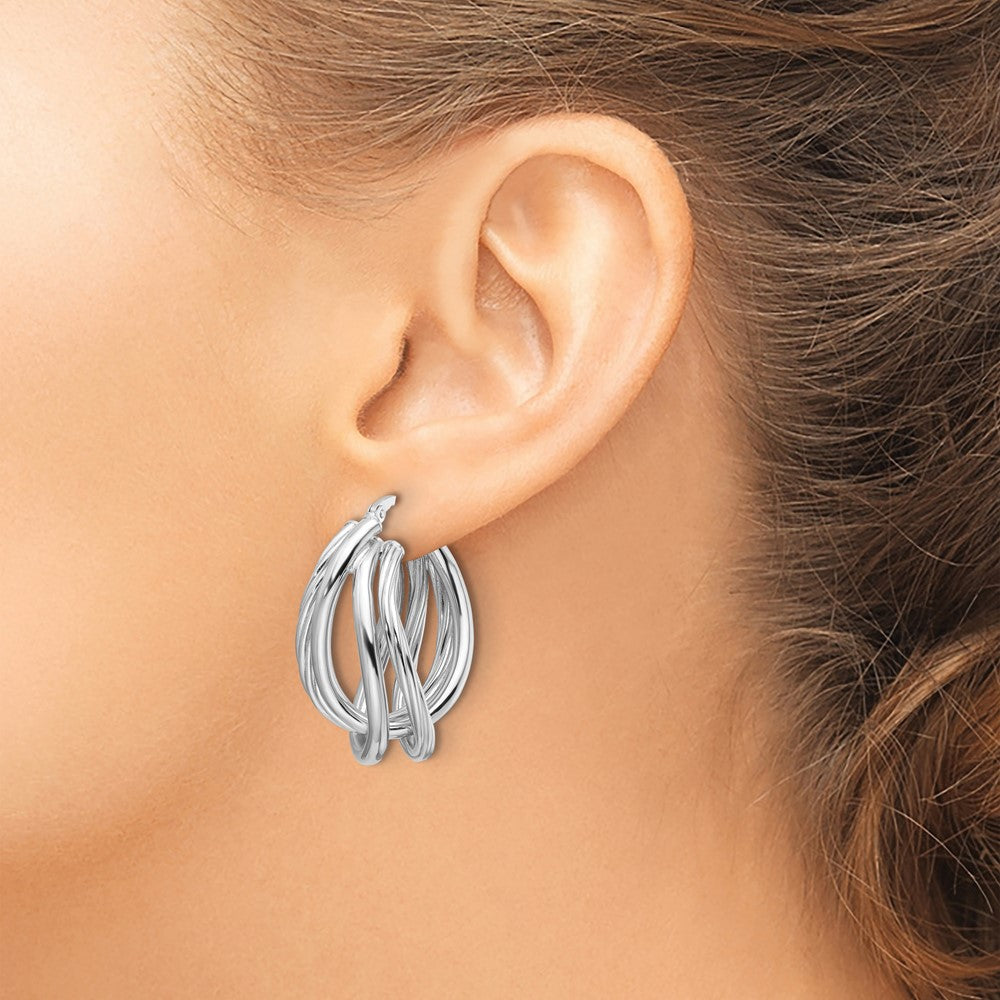 Sterling Silver RH-plated Polished and Twisted Fancy Oval Hoop Earrings