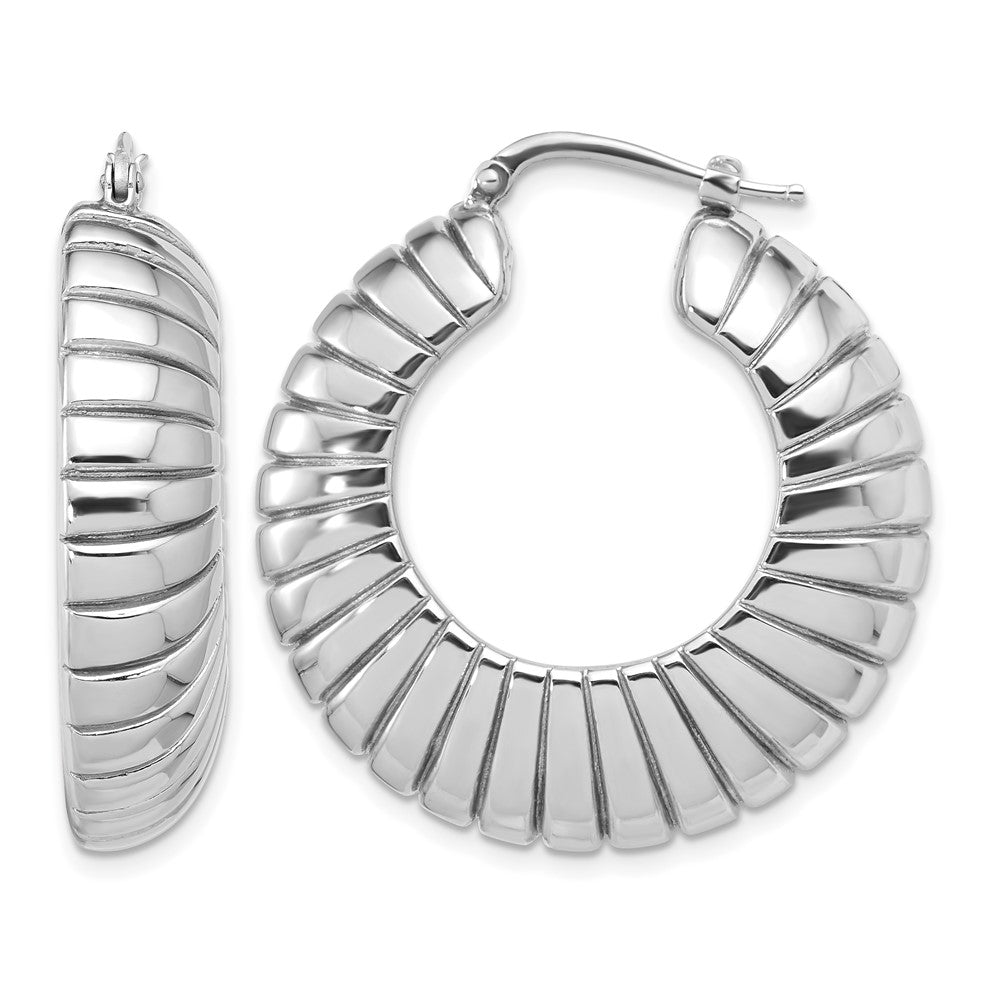 Sterling Silver RH-plated Polished and Striped Large Round Hoop Earrings