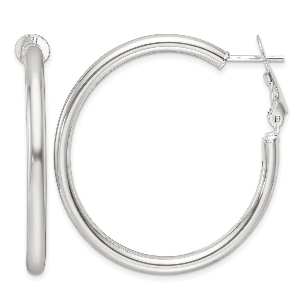 Sterling Silver Polished 40x3.25mm Omega Back Round Hoop Earrings
