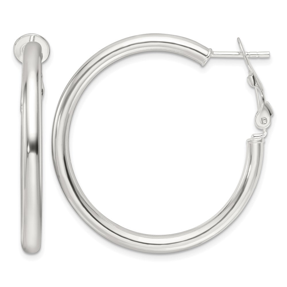 Sterling Silver Polished 3.25mm Omega Back Round Hoop Earrings