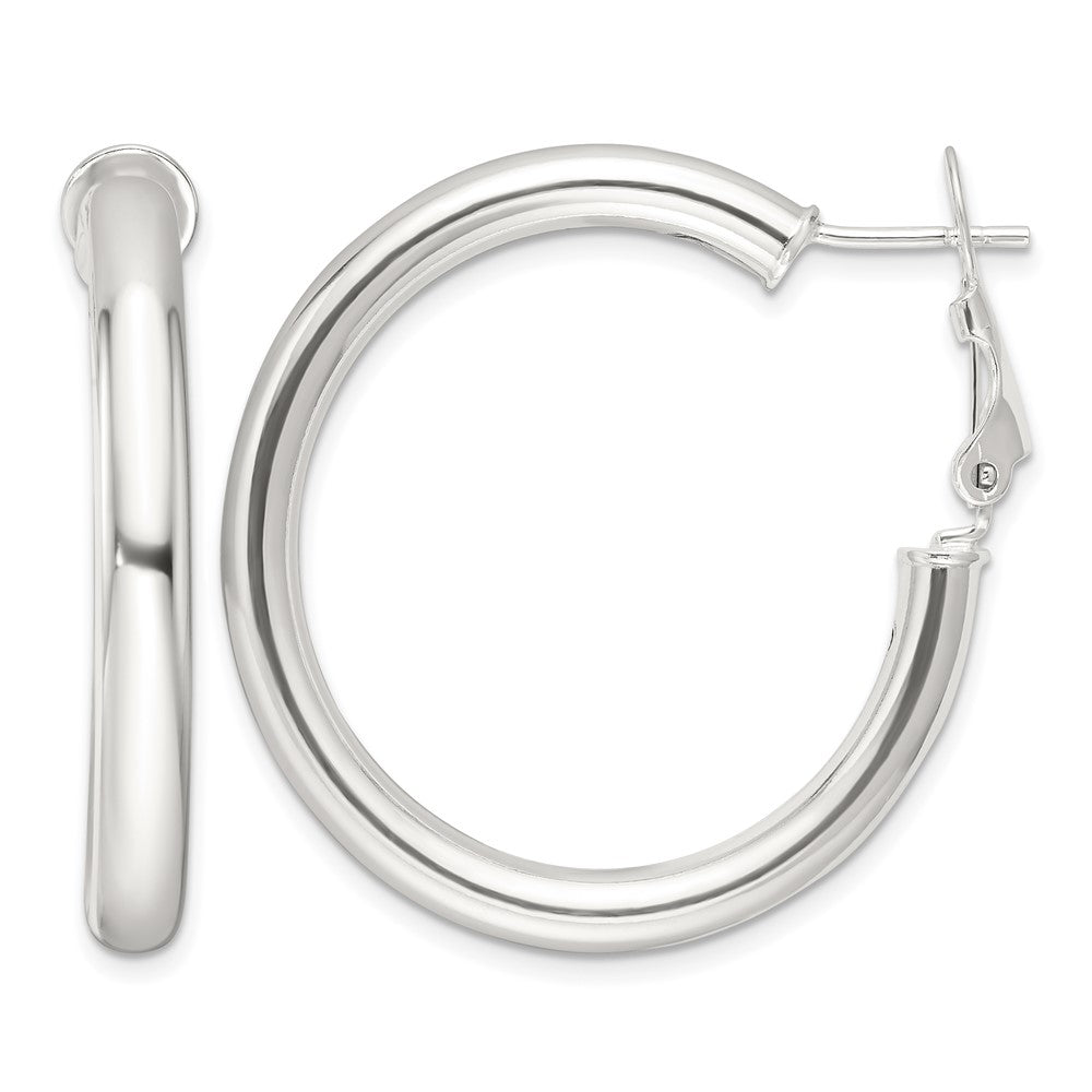 Sterling Silver Polished 4mm Omega Back Round Hoop Earrings