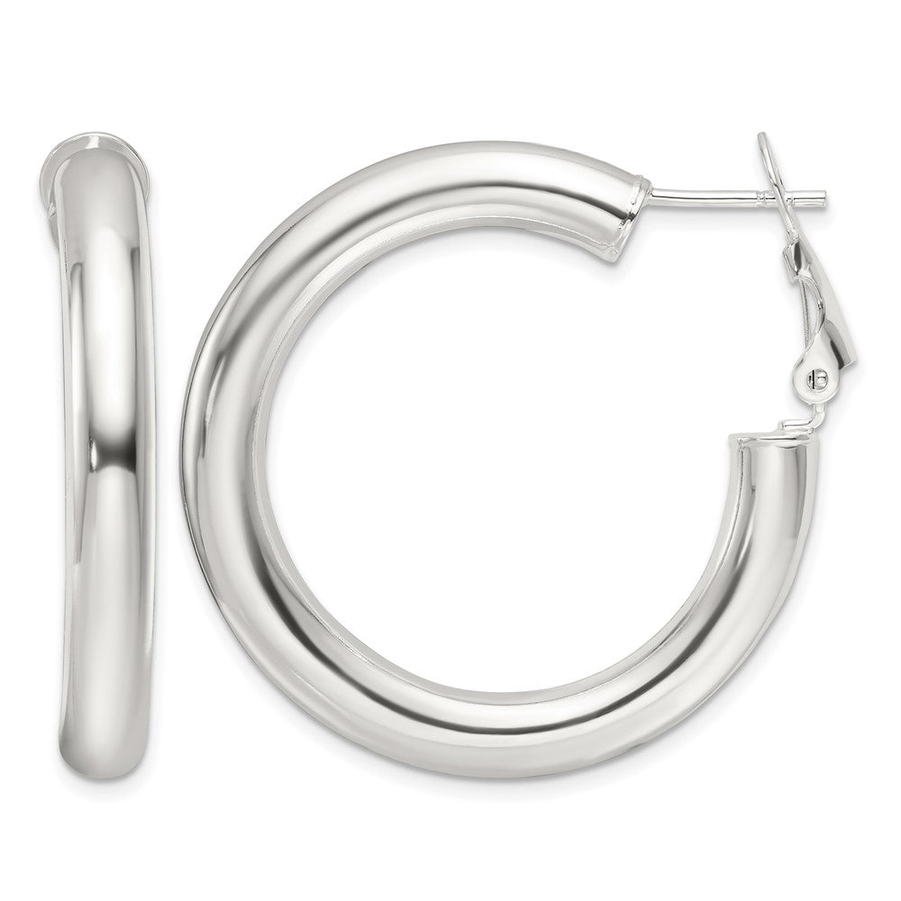 Sterling Silver Polished 35x5mm Omega Back Round Hoop Earrings