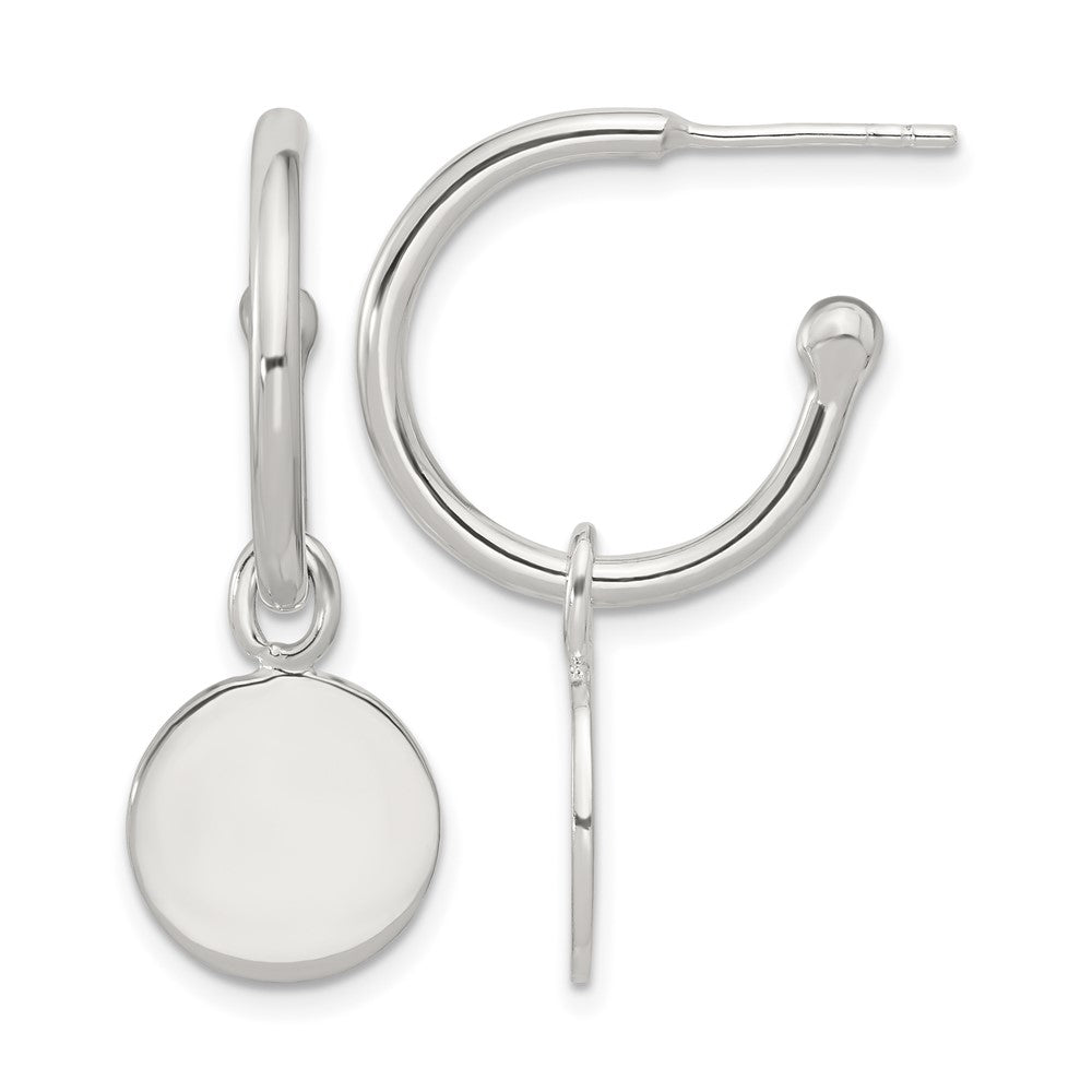 Sterling Silver Polished C-Hoop Dangle Disc Post Earrings