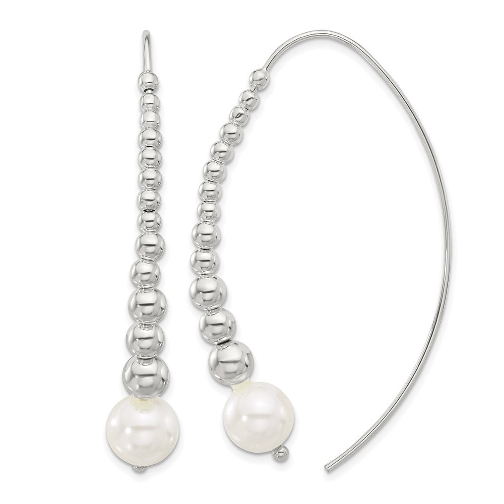 Sterling Silver Polished Beaded Simulated Pearl Threader Earrings
