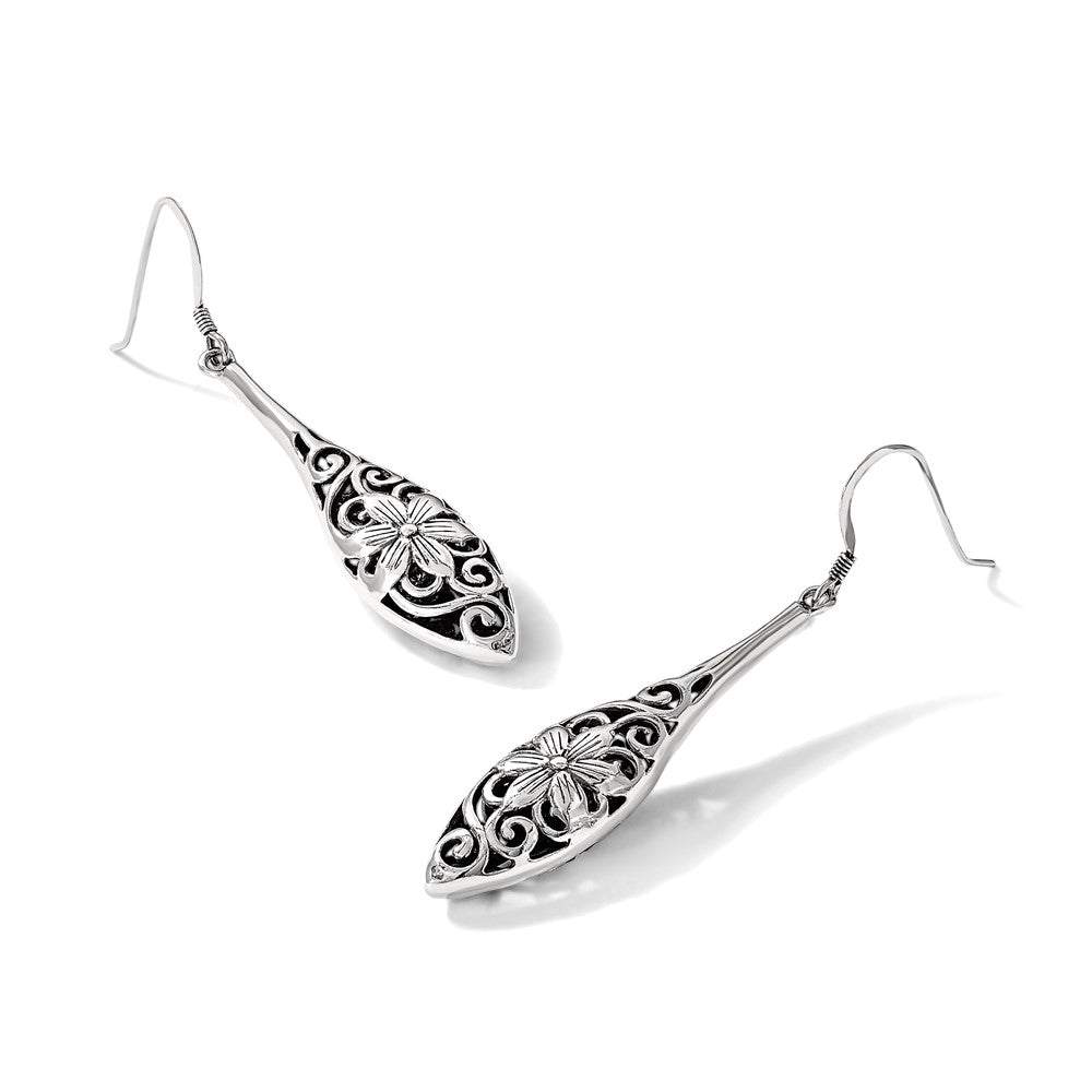 Sterling Silver Polished Antiqued Floral Teardrop Shepherd Hook Earrings