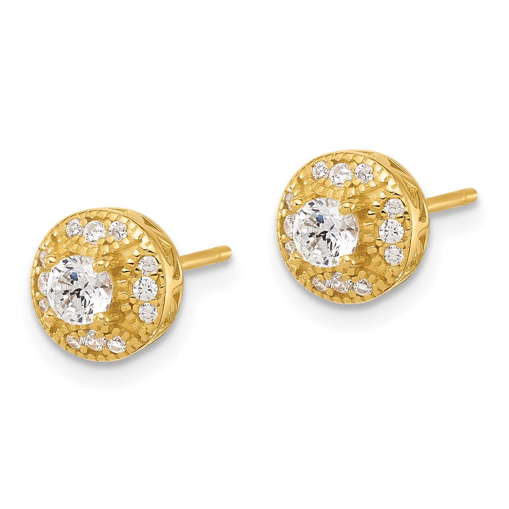 Sterling Silver Gold-tone Textured Round CZ Cluster Post Earrings