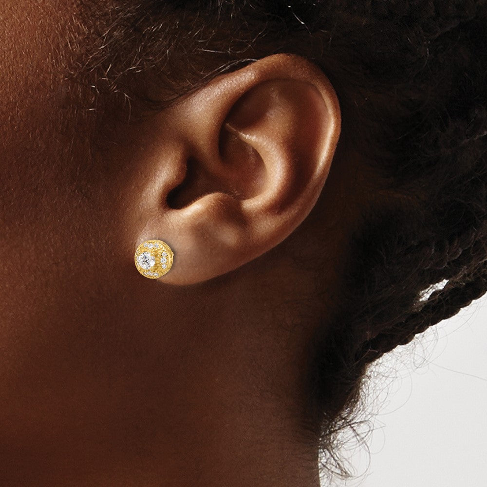 Sterling Silver Gold-tone Textured Round CZ Cluster Post Earrings
