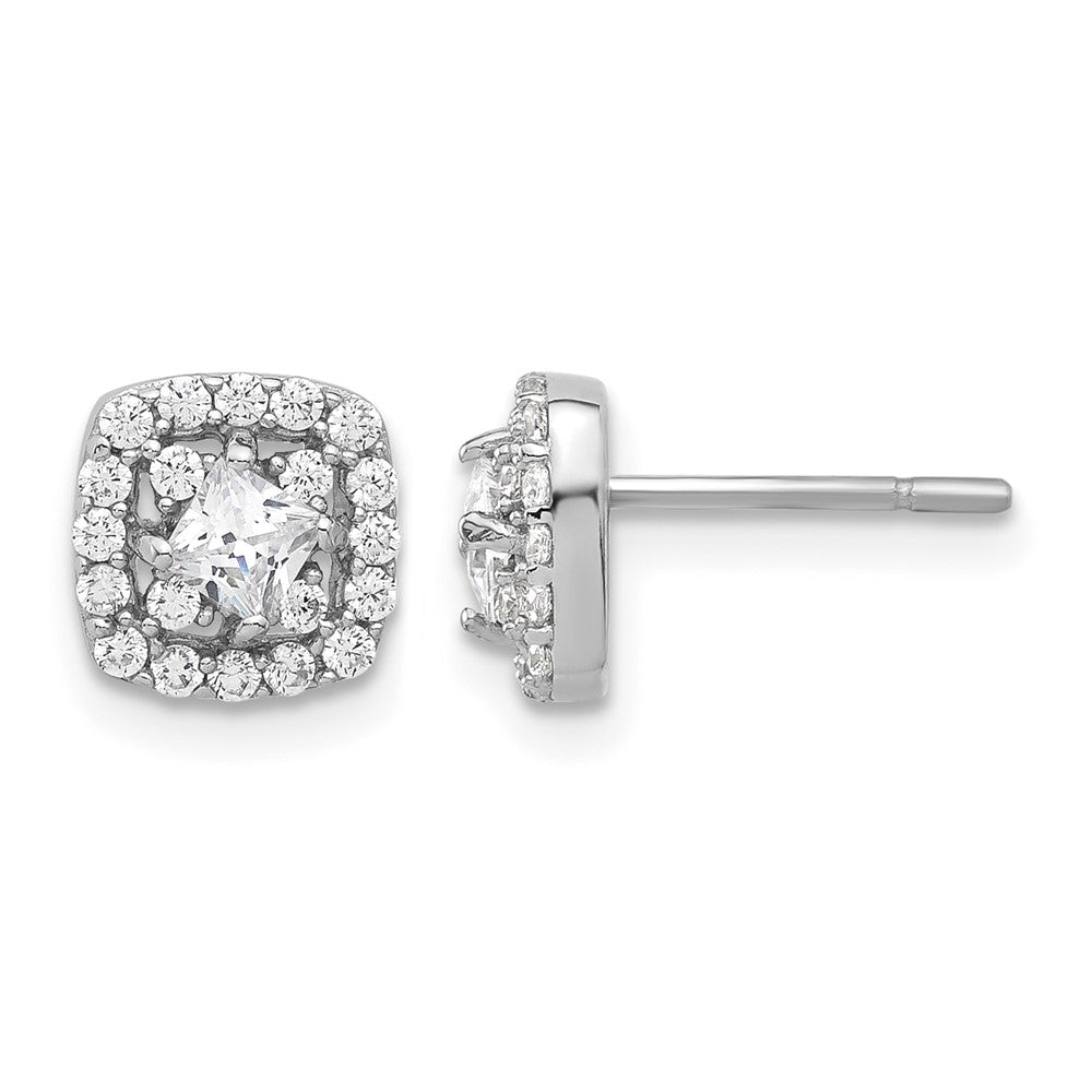 Sterling Silver Rhod-plated Polished CZ Square Center Halo Post Earrings