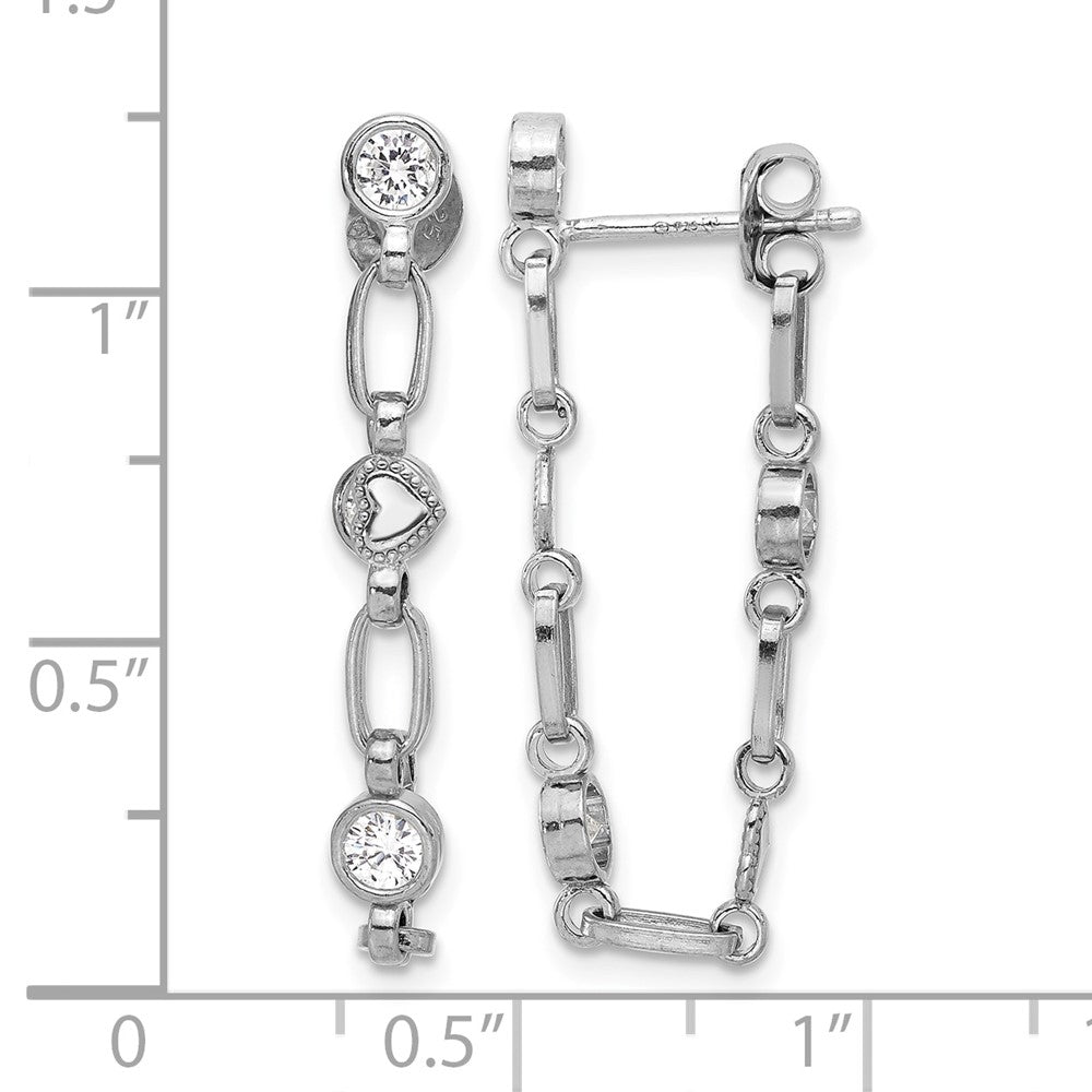 Sterling Silver Rhodium-plated Bezel CZ with Heart Post Dangle Earrings