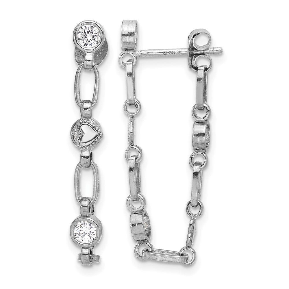Sterling Silver Rhodium-plated Bezel CZ with Heart Post Dangle Earrings