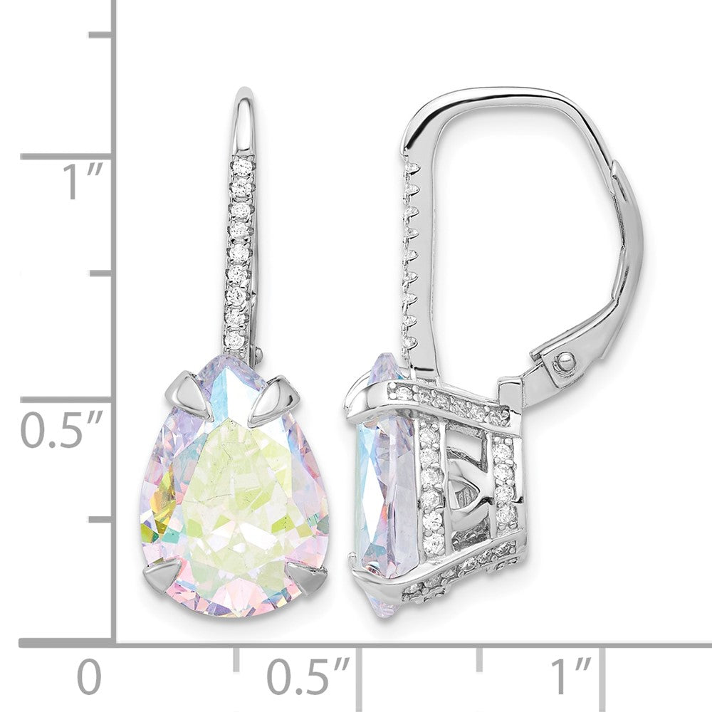 Sterling Silver Rhodium-plated Pear Iridescent CZ Leverback Earrings