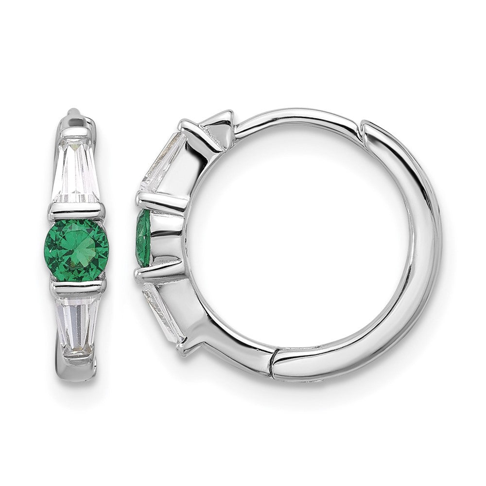 Sterling Silver Rhodium-plated Green/White CZ Hinged Hoop Earrings