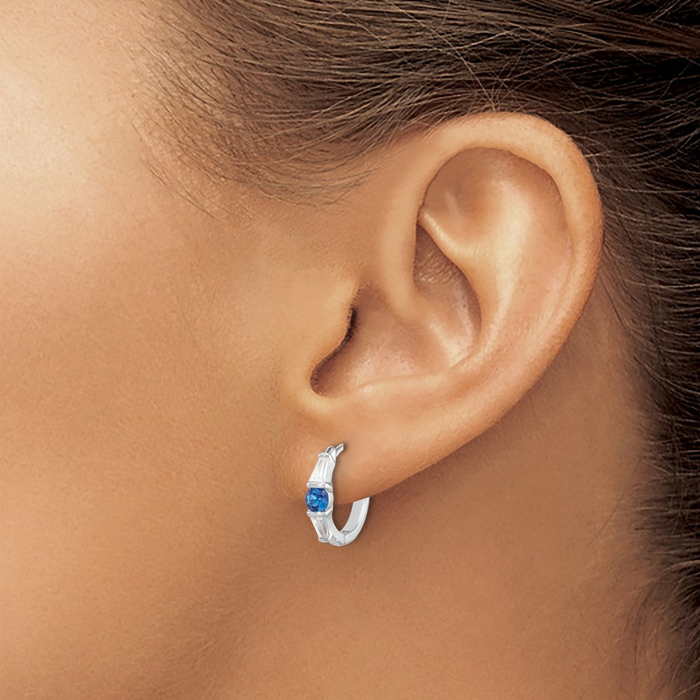 Sterling Silver Rhodium-plated Blue Spinel and CZ Hinged Hoop Earrings
