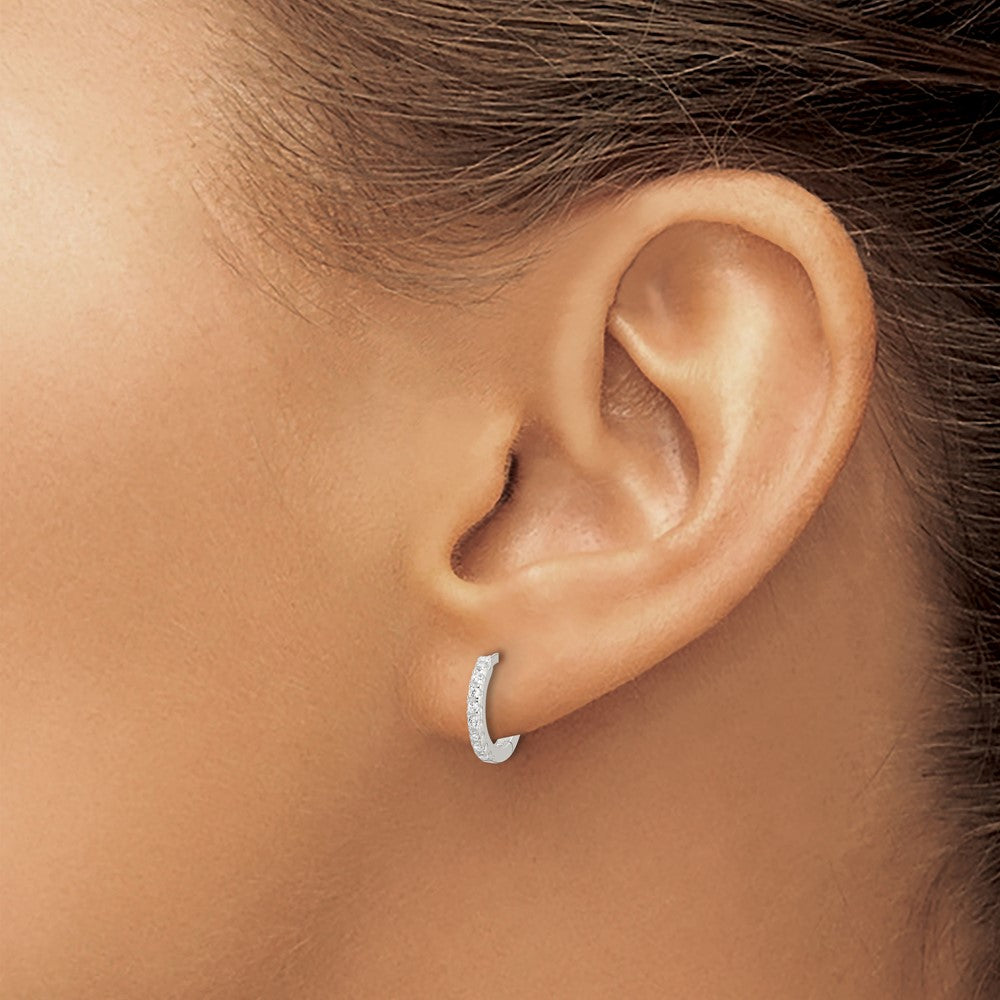Sterling Silver E-Coating Polished CZ Hinged Hoop Earrings