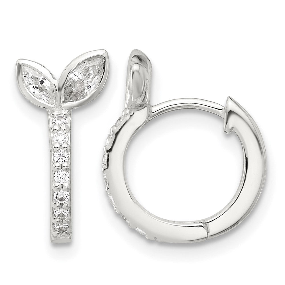 Sterling Silver E-coated CZ Leaf Hinged Hoop Earrings