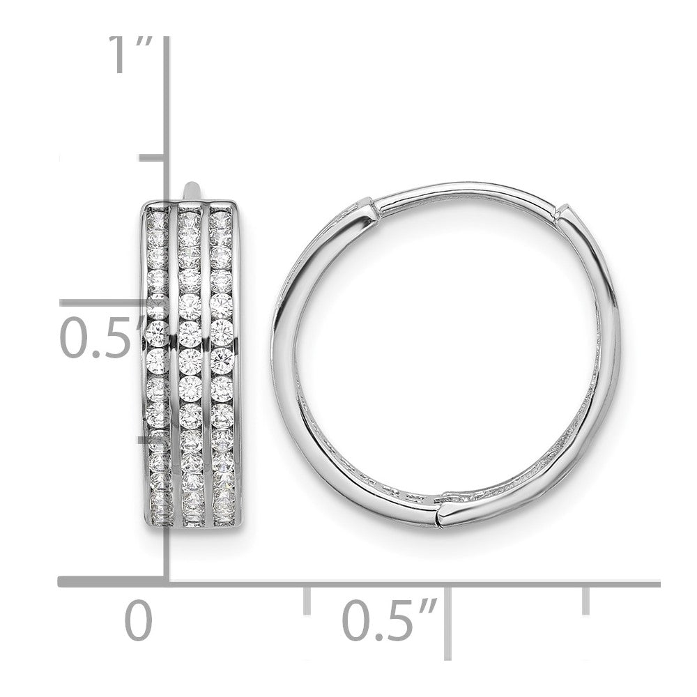 Sterling Silver Rhodium-plated 3 Row CZ Hinged Hoop Earrings