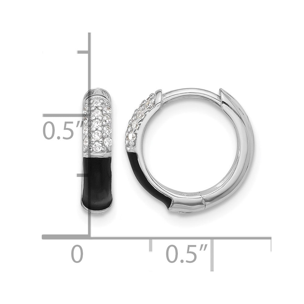 Sterling Silver Flash Platinum-plated CZ Black Enamel Hoop Earrings