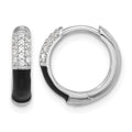 Sterling Silver Flash Platinum-plated CZ Black Enamel Hoop Earrings