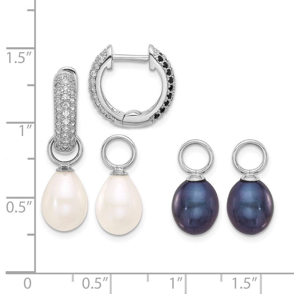 Sterling Silver RH-plated 7-8mm FWC Pearl/CZ Interchangeable Earrings Set