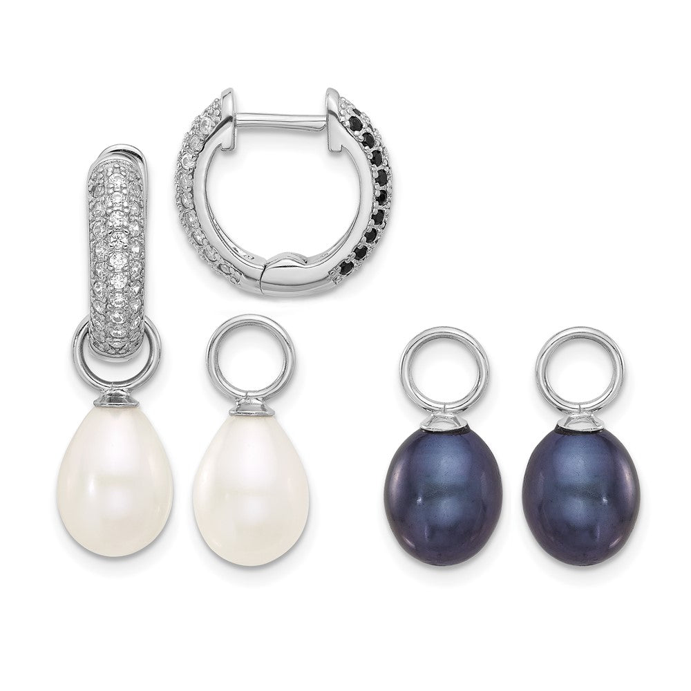 Sterling Silver RH-plated 7-8mm FWC Pearl/CZ Interchangeable Earrings Set