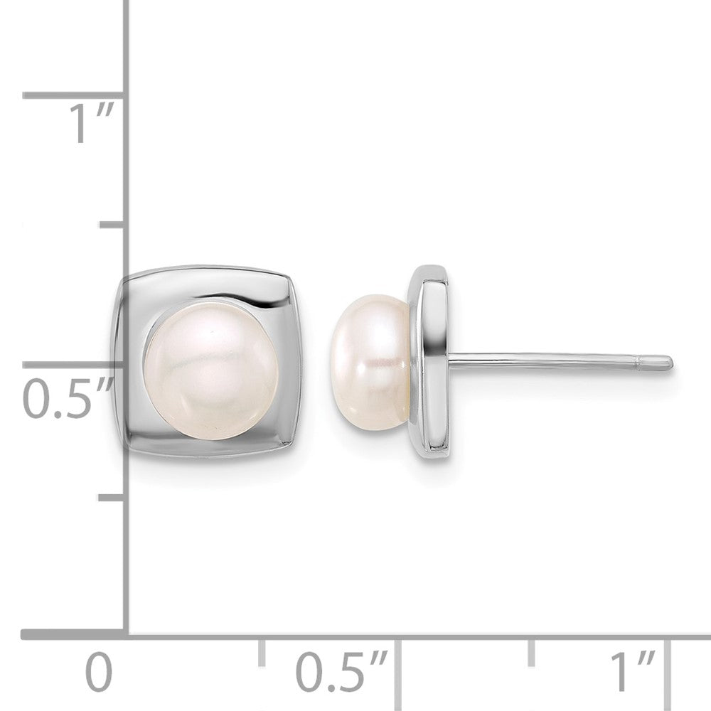 Sterling Silver RH-plated 6-7mm White FWC Pearl Square Post Earrings